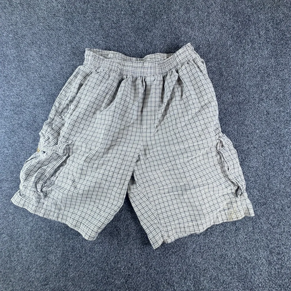 Vintage Sideout Cargo Shorts Mens‎ 24x9 Gray Blue Plaid Cotton Elastic Waistband